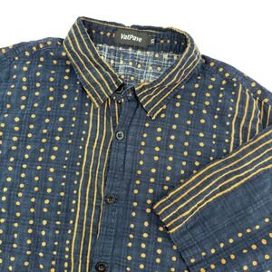 VatPave Mens Short Sleeve Button Up Shirt Navy Blue Yellow‎ Polka Dot Stripe XL